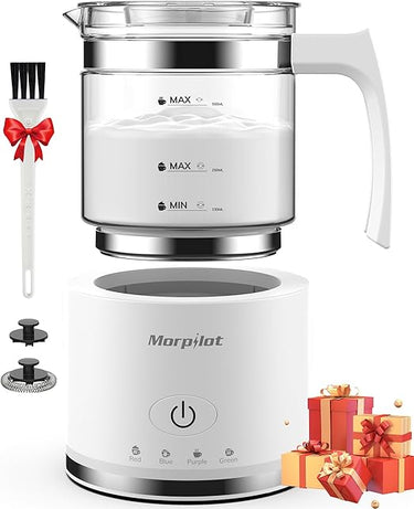 Morpilot Espumador de leche eléctrico, Milk Frother de cristal, bonito para ver, 4 en 1 función, capacidad 250 ml capuchino o 300 ml leche caliente, diseño dividido, blanco